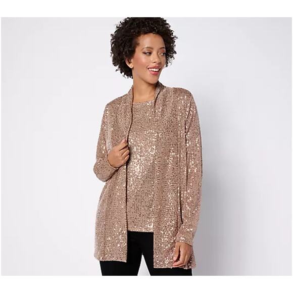 A624266 JINGLE BELLES by Kim Gravel Sequin Mesh Open Front Topper Bronze L - Picture 6 of 6